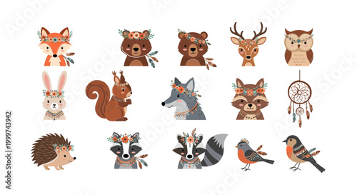 Boho woodland animals collection with floral wreaths and dreamcatcher.