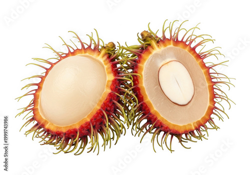 Two halves of a freshly cut heart of palm fruit with visible seeds inside isolated on transparent background
