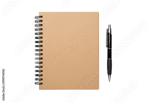 A brown notebook with a pen resting on top of it beside a pencil holder isolated on transparent background