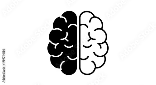 Split Brain Icon: Black and White Hemispheres Representing Duality, Logic, Creativity