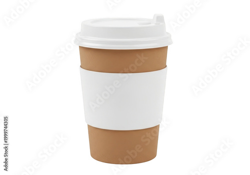 A disposable coffee cup with a cardboard sleeve and plastic lid isolated on transparent background