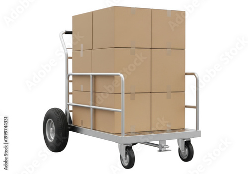 Heavy-duty utility cart carrying a large cardboard box isolated on transparent background