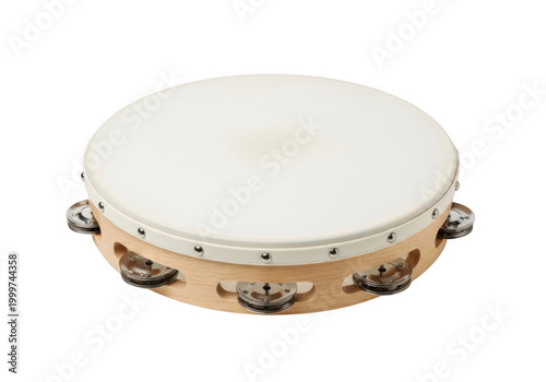 Handcrafted wooden frame tambourine with jingles and drumhead isolated on transparent background