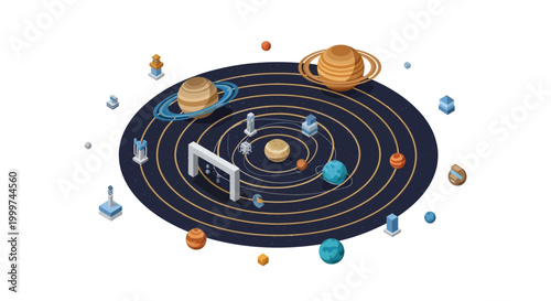 Detailed isometric solar system illustration featuring planets, orbits, and celestial bodies in a comprehensive space design, representing astronomical concepts and cosmic exploration