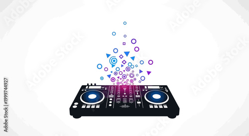 DJ mixer with colorful lights on.