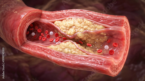 3D Medical Illustration of Atherosclerosis Showing Cholesterol Plaque Buildup Inside Artery