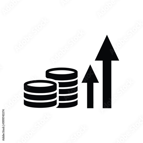 Money increase icon. stack of coins with up arrows. financial growth symbol. business profit success graphic. investment income increase concept. wealth accumulation illustration. market boom outline