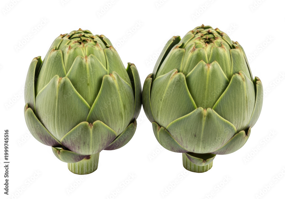 Fototapeta premium Fresh artichokes displayed side by side with their natural green and fuzzy appearance isolated on transparent background