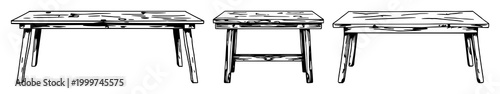 Wooden table set with black line art design on white background featuring texture, grain, surface with rustic and handcrafted