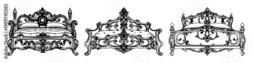 Ornate silver bed set with intricate black line art on white background featuring bedroom, furnishings, decor with elegance and minimalist