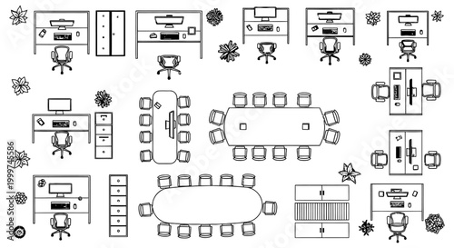 top view of office floor plan with desks chairs and conference rooms