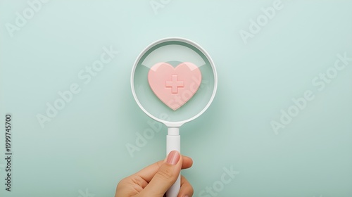 Health care checkup concept, Health insurance, Access to welfare health, Wellness, Magnifying glass focus on heart and plus icon on pastel green background, Heart disease banner with copy space