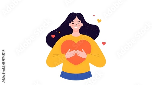 Young woman hugs and holding few heart with love and care. Girl with long hair holds orange heart in her hands. Self care and body positive concept.
