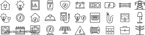 Electricity and Energy Line Icon Set with Power, Battery, Renewable, Electrical Equipment and Utility line icon pack
