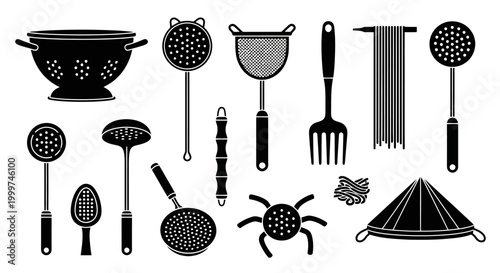 Black and white kitchen utensil icons set.