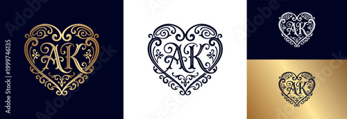 Ornate heart monogram featuring ak initials for romantic and wedding branding uses.