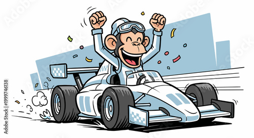 Happy monkey race car driver celebrating victory in a white racing suit.