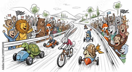 Whimsical animal race with a rabbit on a bicycle and a turtle in a car.