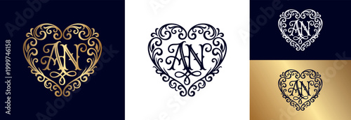 Heart logo monogram with artistic filigree patterns and letters an initials design.