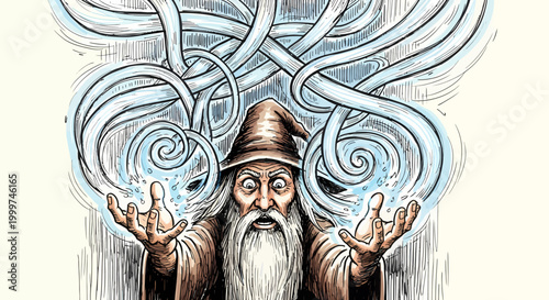 Ancient wizard casting a spell with glowing hands and swirling magic.