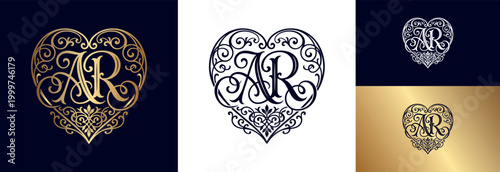 Upscale heart logo design with ornate filigree swirls and monogram initials ar.