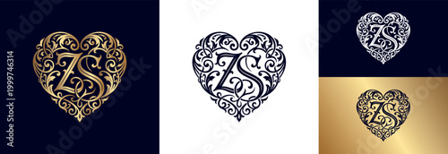 Luxury heart shaped logo template featuring ornate monogram initials zs vector set.