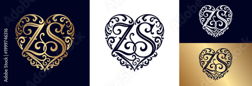 Sophisticated heart shaped logo template featuring ornate monogram initials zs set.