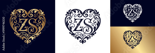 Ornate heart shaped logo template featuring decorative monogram initials zs vector.