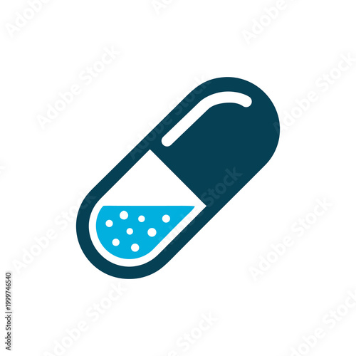 Dark blue and teal medical capsule with liquid and bubbles, flat design vector illustration