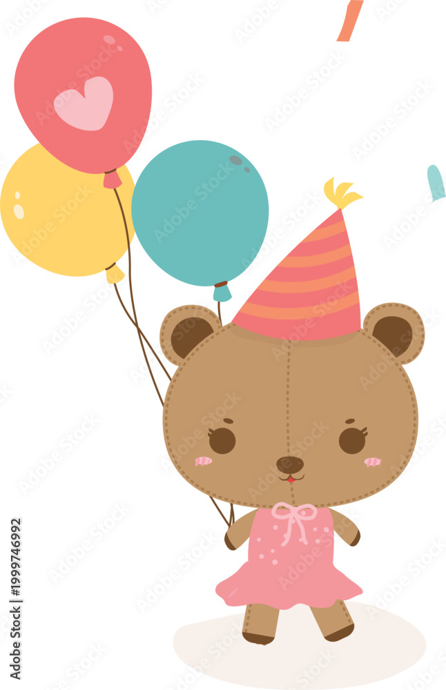 Obraz premium Kawaii bear character celebrating birthday, pastel cute animal party illustration