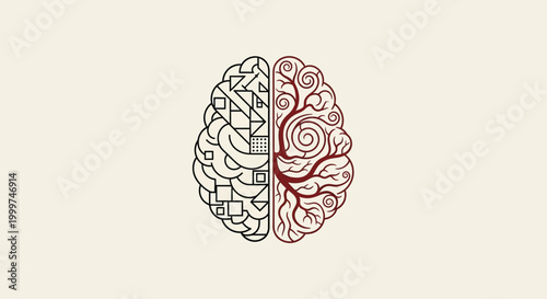 Abstract Brain Split: Geometric Logic vs Organic Creativity, Illustration