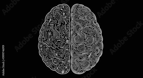 Digital Brain Half, Artificial Intelligence and Human Mind Contrast