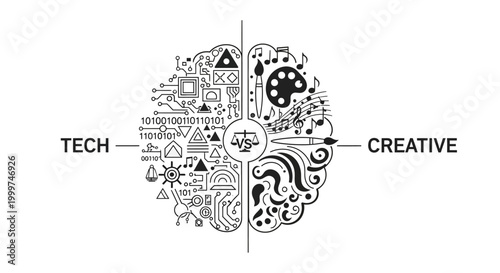 Tech vs Creative Brain: Logic and Artistry Fusion, Digital and Analog Balance