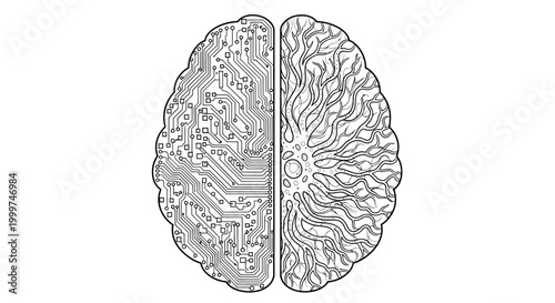 Digital Brain Concept: AI vs Human Mind, Technology and Nature Fusion