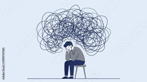 Woman resting on a couch exhausted from burnout in a pastel living room illustration.