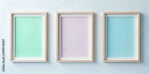Three empty wooden frames with pastel colored backgrounds hang on a light textured wall