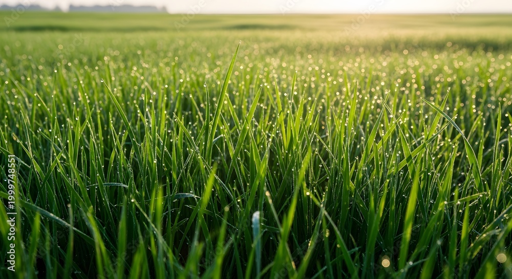 Fototapeta premium Rustic Aesthetic Dew Drops on Lush Green Grass Field at Sunrise