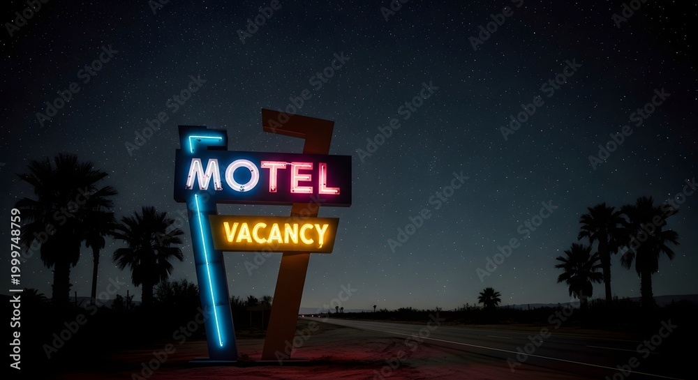 Obraz premium A Rustic and Aesthetic Night View of a Vintage Neon Motel Vacancy Sign on a Desert Road Under a Starry Sky