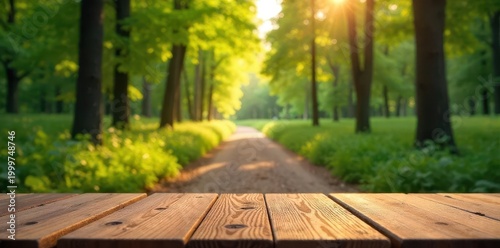Sunlit pathway through a verdant forest with a rustic wooden surface in the foreground, perfect for product placement and natural scenes