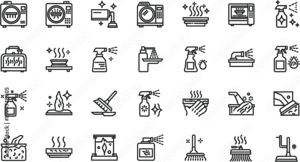 Fototapeta premium Cleaning and Household Appliances Line Icon Vector Set with Vacuum Mop Spray Kitchen and Home Hygiene Symbols