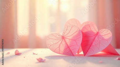 Gentle glowing hearts crafted from delicate translucent material softly illuminated by warm light creating an atmosphere of tender affection and peaceful romance