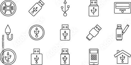 Collection of black line representing U S B flash drives and connectivity symbols USB flash drive USB symbol