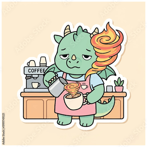 Cute dragon barista, coffee shop creature, green cartoon character, latte art