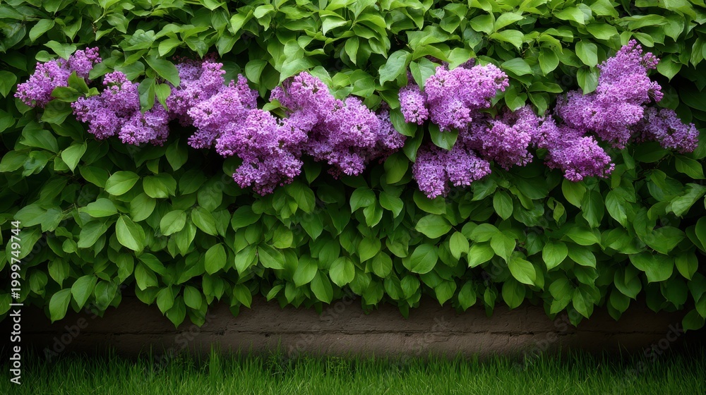Obraz premium Vibrant Purple Lilac Flowers Against Lush Green Foliage in a Garden Setting with Fresh Leaves and Grass Background
