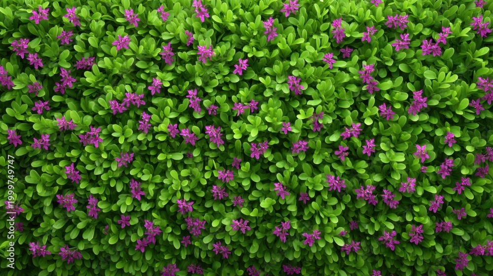 Fototapeta premium Lush Green Foliage with Vibrant Purple Flowers Creating a Beautiful Nature Background for Garden, Landscape, and Botanical Projects