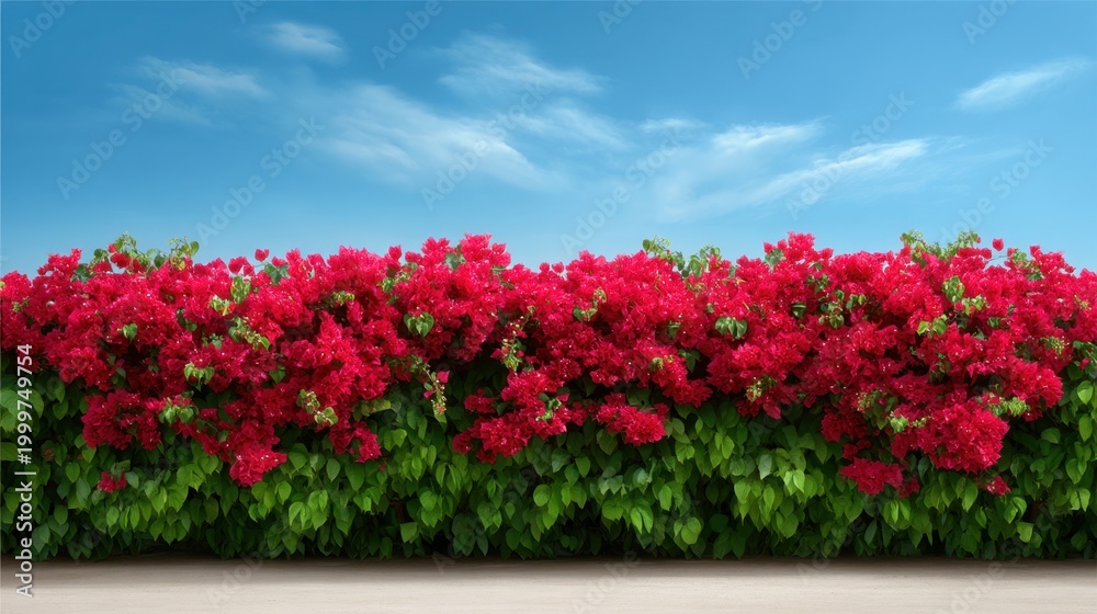 Fototapeta premium Vibrant Bougainvillea Flowers in Full Bloom Under a Clear Blue Sky with Light Clouds and Fresh Green Foliage on a Bright Day