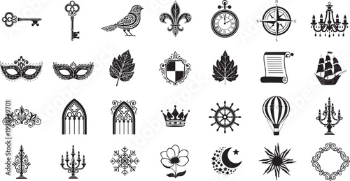 Collection of black silhouette vintage and decorative on white