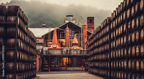 Rustic Aesthetic Distillery Stills and Rows of Aging Barrels