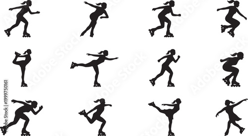 Professional Roller Skating Poses Silhouette Vector Icon Set.