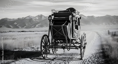 Rustic Aesthetic Stagecoach on a Dusty Road with Mountains in the Background